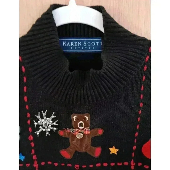 Karen Scott PL Black Christmas Collage Patchwork Christmas Sweater - Picture 2 of 8